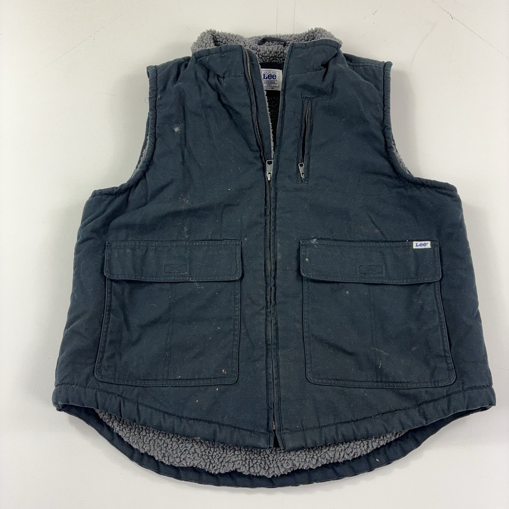 Lee Workwear Vest Mens Large Black Canvas Sherpa Lined Full Zip Pockets Warm
